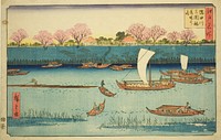Cherry Trees along the Sumida River Embankment at the Mimeguri Inari Shrine (Sumidagawa Mimeguri Inari tsutsumi no hana), from the series "Famous Places in Edo (Edo meisho)" by Utagawa Hiroshige
