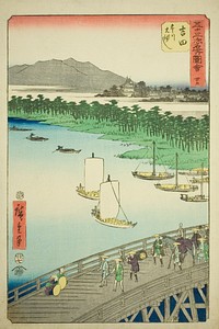 Yoshida: Great Bridge on the Toyo River (Yoshida, Toyokawa ohashi), no. 35 from the series "Famous Sights of the Fifty-three Stations (Gojusan tsugi meisho zue)," also known as the Vertical Tokaido by Utagawa Hiroshige