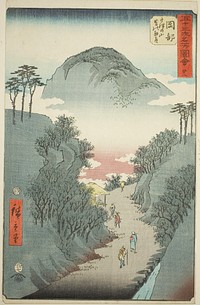 Okabe: Narrow Ivy-covered Road at Mount Utsu (Okabe, Utsu no yama tsuta no hosomichi), no. 22 from the series "Famous Sights of the Fifty-three Stations (Gojusan tsugi meisho zue)," also known as the Vertical Tokaido by Utagawa Hiroshige