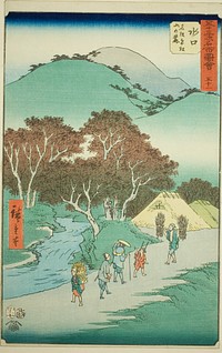 Minakuchi: The Famous Pines at the Foot of Mount Hiramatsu (Minakuchi, meisho Hiramatsu yama no fumoto), no. 51 from the series "Famous Sights of the Fifty-three Stations (Gojusan tsugi meisho zue)," also known as the Vertical Tokaido by Utagawa Hiroshige