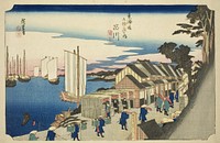 Shinagawa: Departure of the Daimyo (Shinagawa, shoko detachi), from the series "Fifty-three Stations of the Tokaido Road (Tokaido gojusan tsugi no uchi)," also known as the Hoeido Tokaido by Utagawa Hiroshige