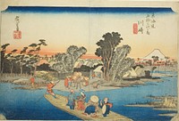 Kawasaki: The Rokugo Ferry (Kawasaki, Rokugo watashibune), from the series "Fifty-three Stations of the Tokaido (Tokaido gojusan tsugi no uchi)," also known as the Hoeido Tokaido by Utagawa Hiroshige