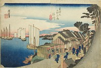 Shinagawa: Sunrise (Shinagawa, hinode), from the series "Fifty-three Stations of the Tokaido Road (Tokaido gojusan tsugi no uchi)," also known as the Hoeido Tokaido by Utagawa Hiroshige