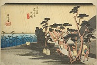 Oiso: Tora's Rain (Oiso, Tora ga ame), from the series "Fifty-three Stations of the Tokaido Road (Tokaido gojusan tsugi no uchi)," also known as the Hoeido Tokaido by Utagawa Hiroshige