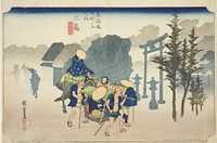 Mishima: Morning Mist (Mishima, asagiri), from the series "Fifty-three Stations of the Tokaido Road (Tokaido gojusan tsugi no uchi)," also known as the Hoeido Tokaido by Utagawa Hiroshige