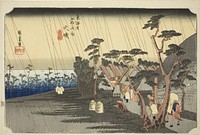 Oiso: Tora's Rain (Oiso, Tora ga ame), from the series "Fifty-three Stations of the Tokaido Road (Tokaido gojusan tsugi no uchi)," also known as the Hoeido Tokaido by Utagawa Hiroshige