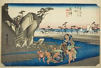 Okitsu: The Okitsu River (Okitsu, Okitsugawa), from the series "Fifty-three Stations of the Tokaido Road (Tokaido gojusan tsugi no uchi)," also known as the Hoeido Tokaido by Utagawa Hiroshige