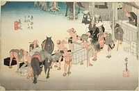 Fujieda: Changing Porters and Horses (Fujieda, jinba tsugitate), from the series "Fifty-three Stations of the Tokaido Road (Tokaido gojusan tsugi no uchi)," also known as the Hoeido Tokaido by Utagawa Hiroshige