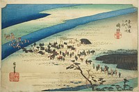 Shimada: The Suruga Bank of the Oi River (Shimada, Oigawa Sungan), from the series "Fifty-three Stations of the Tokaido Road (Tokaido gojusan tsugi no uchi)," also known as the Hoeido Tokaido by Utagawa Hiroshige