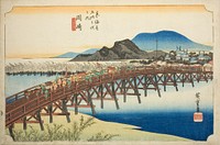 Okazaki: Yahagi Bridge (Okazaki, Yahagi no hashi), from the series "Fifty-three Stations of the Tokaido (Tokaido gojusan tsugi no uchi)," also known as the Hoeido Tokaido by Utagawa Hiroshige