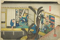 Akasaka: Waitresses at an Inn (Akasaka, ryosha shofu no zu), from the series "Fifty-three Stations of the Tokaido (Tokaido gojusan tsugi no uchi)," also known as the Hoeido Tokaido by Utagawa Hiroshige