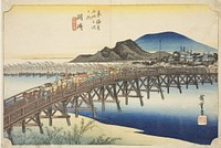 Okazaki: Yahagi Bridge (Okazaki, Yahagi no hashi), from the series "Fifty-three Stations of the Tokaido (Tokaido gojusan tsugi no uchi)," also known as the Hoeido Tokaido by Utagawa Hiroshige