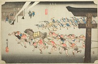 Miya: Religious Festival at Atsuta Shrine (Miya, Atsuta shinji), from the series "Fifty-three Stations of the Tokaido (Tokaido gojusan tsugi no uchi)," also known as the Hoeido Tokaido by Utagawa Hiroshige