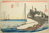 Kuwana: The Landing of the Shichiri Ferry Crossing (Kuwana, Shichiri watashiguchi), from the series "Fifty-three Stations of the Tokaido (Tokaido gojusan tsugi no uchi)," also known as the Hoeido Tokaido by Utagawa Hiroshige