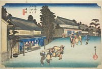 Narumi: Famous Tie-dyed Fabrics of Arimatsu (Narumi, meibutsu Arimatsu shibori), from the series "Fifty-three Stations of the Tokaido (Tokaido gojusan tsugi no uchi)," also known as the Hoeido Tokaido by Utagawa Hiroshige