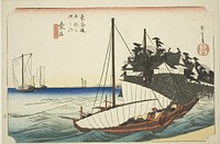 Kuwana: The Landing of the Shichiri Ferry Crossing (Kuwana, Shichiri watashiguchi), from the series "Fifty-three Stations of the Tokaido (Tokaido gojusan tsugi no uchi)," also known as the Hoeido Tokaido by Utagawa Hiroshige