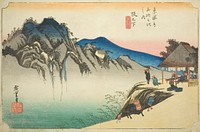 Sakanoshita: Peak of Fudesute Mountain (Sakanoshita, Fudesute mine), from the series "Fifty-three Stations of the Tokaido (Tokaido gojusan tsugi no uchi)," also known as the Hoeido Tokaido by Utagawa Hiroshige