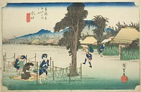 Minakuchi: Dried Gourd Shavings, A Local Specialty (Minakuchi, meibutsu kanpyo), from the series "Fifty-three Stations of the Tokaido (Tokaido gojusan tsugi no uchi)," also known as the Hoeido Tokaido by Utagawa Hiroshige