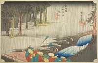 Tsuchiyama: Spring Shower (Tsuchiyama, haru no ame), from the series "Fifty-three Stations of the Tokaido (Tokaido gojusan tsugi no uchi)," also known as the Hoeido Tokaido by Utagawa Hiroshige