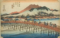 Kyoto: The Great Bridge at Sanjo (Keishi, Sanjo ohashi), from the series "Fifty-three Stations of the Tokaido (Tokaido gojusan tsugi no uchi)," also known as the Hoeido Tokaido by Utagawa Hiroshige