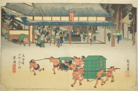 Kusatsu: Famous Post House (Kusatsu, Meibutsu tateba), from the series "Fifty-three Stations of the Tokaido (Tokaido gojusan tsugi no uchi)," also known as the Hoeido Tokaido by Utagawa Hiroshige
