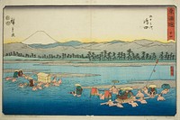 Shimada: The Oi River (Shimada, Oigawa)—No. 24, from the series "Fifty-three Stations of the Tokaido (Tokaido gojusan tsugi)," also known as the Reisho Tokaido by Utagawa Hiroshige