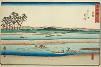 Mitsuke: Ferryboats on the Tenryu River (Mitsuke, Tenryugawa no funawatashi)—No. 29, from the series "Fifty-three Stations of the Tokaido (Tokaido gojusan tsugi)," also known as the Reisho Tokaido by Utagawa Hiroshige