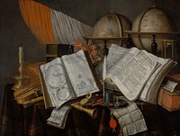 A Vanitas Still Life with a Flag, Candlestick, Musical Instruments, Books, Writing Paraphernalia, Globes and Hourglass by Edwaert Collier