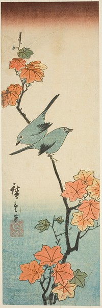 Japanese white-eyes on a maple branch by Utagawa Hiroshige