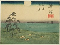 View of Shiohama and Kiyomigaseki in Okitsu (Okitsu, Kiyomigaseki, Shiohama fukei), section of sheet no. 4 from the series "Cutout Pictures of the Tokaido Road (Tokaido harimaze zue)" by Utagawa Hiroshige