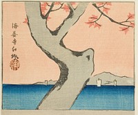 Maple Leaves at Kaian Temple (Kaianji benikaede), section of a sheet from the series "Cutout Pictures of Famous Places in Edo (Edo meisho harimaze zue)" by Utagawa Hiroshige