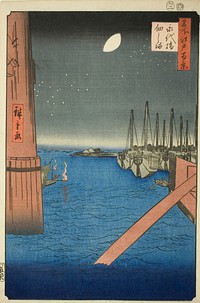 View of Tsukuda Island from Eitai Bridge (Eitaibashi Tsukudajima), from the series "One Hundred Famous Views of Edo (Meisho Edo hyakkei)" by Utagawa Hiroshige