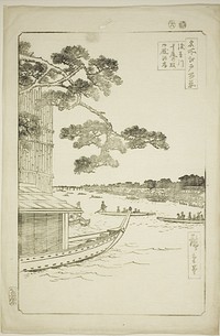 Pine of Success and Oumayagashi, Asakusa River (Asakusagawa shubi no matsu Oumayagashi), from the series "One Hundred Famous Views of Edo (Meisho Edo hyakkei)" by Utagawa Hiroshige