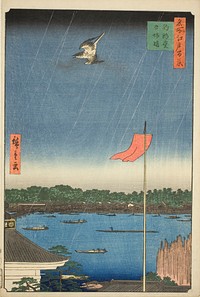 Komagata Hall and Azuma Bridge (Komagatado Azumabashi), from the series "One Hundred Famous Views of Edo (Meisho Edo hyakkei)" by Utagawa Hiroshige