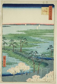 Moto-Hachiman Shrine, Sunamura (Sunamura Moto-Hachiman), from the series "One Hundred Famous Views of Edo (Meisho Edo hyakkei)" by Utagawa Hiroshige