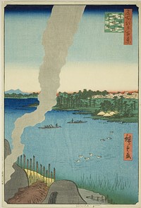 Tile Kilns and Hashiba Ferry on the Sumida River (Sumidagawa Hashiba no watashi kawaragama), from the series "One Hundred Famous Views of Edo (Meisho Edo hyakkei)" by Utagawa Hiroshige