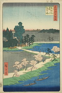 The Entwined Camphor Trees at Azuma Shrine (Azuma no mori Renri no azusa), from the series "One Hundred Famous Views of Edo (Meisho Edo hyakkei)" by Utagawa Hiroshige