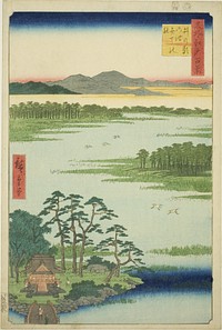 Benten Shrine and Inokashira Pond (Inokashira no ike Benten no yashiro), from the series "One Hundred Famous Views of Edo (Meisho Edo hyakkei)" by Utagawa Hiroshige