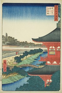 The Pagoda at Zojo Temple and Akabane (Zojoji to, Akabane), from the series "One Hundred Famous Views of Edo (Meisho Edo hyakkei)" by Utagawa Hiroshige