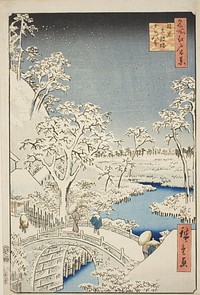 Drum Bridge and Yuhi Hill at Meguro (Meguro Taikobashi Yuhi-no-oka), from the series "One Hundred Famous Views of Edo (Meisho Edo hyakkei)" by Utagawa Hiroshige