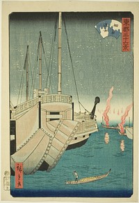 Fishing Boats at Tsukuda Island (Tsukudajima gyoshu), from the series "Thirty-six Views of the Eastern Capital (Toto sanjurokkei)" by Utagawa Hiroshige II (Shigenobu)