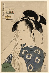 The Asahiya Widow, from the series “Renowned Beauties Likened to the Six Immortal Poets" ("Komei bijin rokkasen") by Kitagawa Utamaro