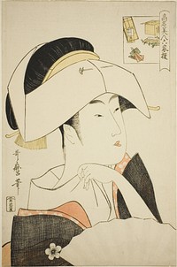 Tomimoto Toyohina, from the series Renowned Beauties Likened to the Six Immortal Poets (Komei bijin rokkasen) (Tomimoto Toyohina) (picture-riddle) by Kitagawa Utamaro