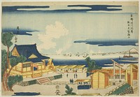 Looking out to Sea from the Benten Shrine at Susaki in Fukagawa (Fukagawa Susaki Benten yori kaijo o nozomu), from the series "Eastern Capital (Toto)" by Shotei Hokuju