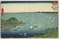 The Mouth of the Aji River in Settsu Province (Settsu Ajikawaguchi), from the series "Wrestling Matches between Mountains and Seas (Sankai mitate zumo)" by Utagawa Hiroshige
