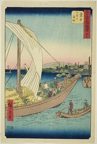 Kuwana: Ferryboats at Shichiri (Kuwana, Shichiri no watashibune), no. 43 from the series "Famous Sights of the Fifty-three Stations (Gojusan tsugi meisho zue)," also known as the Vertical Tokaido by Utagawa Hiroshige