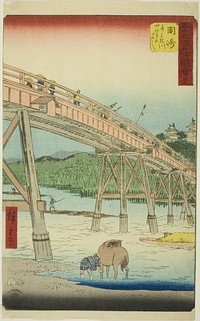 Okazaki: Yahagi Bridge on the Yahagi River (Okazaki, Yahagigawa Yahagi no hashi), no. 39 from the series "Famous Sights of the Fifty-three Stations (Gojusan tsugi meisho zue)," also known as the Vertical Tokaido by Utagawa Hiroshige