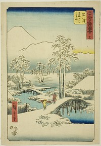 Numazu: Mount Fuji and Mount Ashigara in Clear Weather after Snow, no. 13 (Numazu, Ashigarayama Fuji no yukibare), from the series "Famous Sights of the Fifty-three Stations (Gojusan tsugi meisho zue)," also known as the Vertical Tokaido by Utagawa Hiroshige