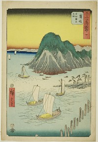 Maisaka: Ferryboats Crossing the Sea at Imagiri (Maisaka, Imagiri kaijo funewatashi), no. 31 from the series "Famous Sights of the Fifty-three Stations (Gojusan tsugi meisho zue)," also known as the Vertical Tokaido by Utagawa Hiroshige