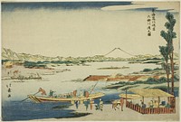 View of the Rokugo River Crossing at the Kawasaki Station (Kawasaki-juku Rokugo kawa watashi no zu), from the series "Tokaido Road (Tokaido)" by Shotei Hokuju